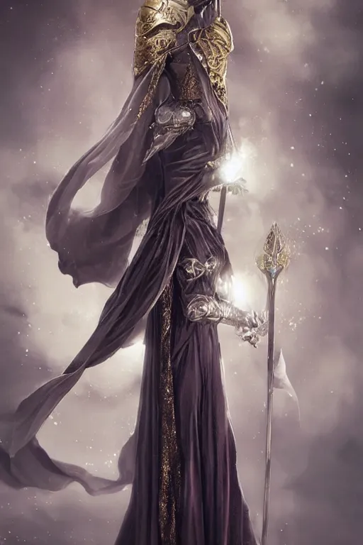 Prompt: a muse of beauty, Elspeth Knight Errant, long flowing cape and cowl, silver and gold heavy armour, long magical staff with ruby gems, young female face, liquid magic, cinematic top lighting, insanely detailed and intricate, face by wlop, Charlie Bowater, golden ratio, symmetric, elegant, ornate, luxury, elite, matte painting, MTG, magic the gatheing, cinematic, cgsociety, 8k, high resolution, trending on artstation, deviantart and pinterest