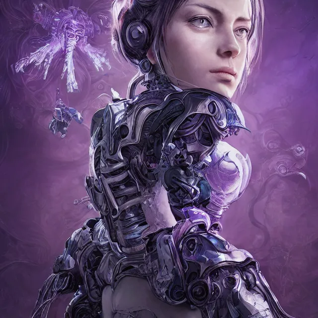 Prompt: close facial portrait of a pale woman in sci - fi armor with a flowing purple, elegant, stoic, intense, ultrafine hyperdetailed illustration by kim jung gi, irakli nadar, intricate linework, sharp focus, bright colors, octopath traveler, final fantasy, hearthstone, highly rendered, global illumination, radiant light, detailed, intricate environment