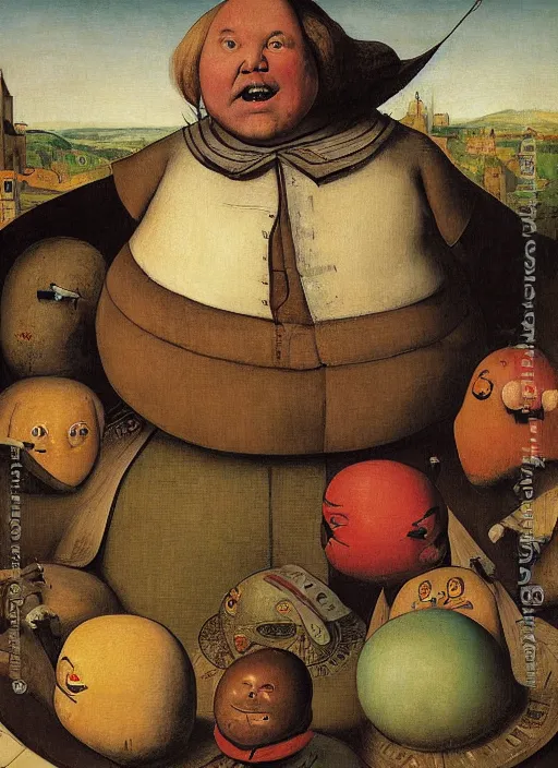 Prompt: full body detailed painting of silly round humpty dumpty with jack black facial expression, realistic, pieter brueghel