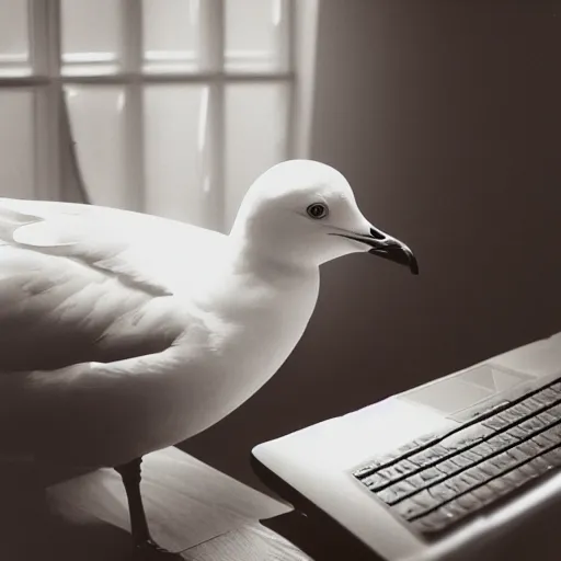 Image similar to a seagull typing at a computer in it's bedroom, close up, studio portrait