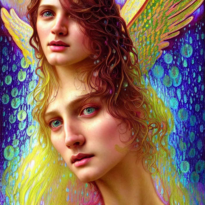 Image similar to bright psychedelic angel portrait with rain on face and wet hair, smiling, diffuse lighting, fantasy, intricate, elegant, highly detailed, lifelike, photorealistic, digital painting, artstation, illustration, concept art, smooth, sharp focus, art by John Collier and Albert Aublet and Krenz Cushart and Artem Demura and Alphonse Mucha