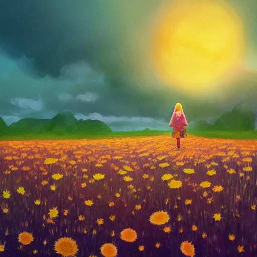 Prompt: giant daisy flower as a head, girl walking in flower field, surreal photography, moon light, dramatic, impressionist painting, colorful clouds, digital painting, artstation, simon stalenhag