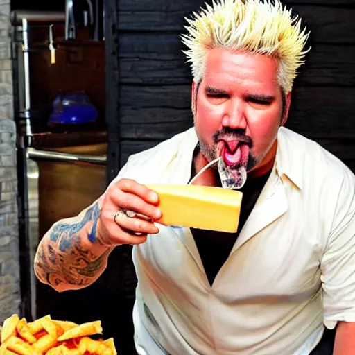 Prompt: guy fieri drinking cheese milk from the teat of a cheese goat