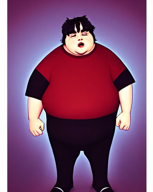 Image similar to a comic potrait of fat obese dan schneider from drake and josh with black and red parts, fine - face, realistic shaded perfect face, fine details. night setting. very anime style. realistic shaded lighting poster by ilya kuvshinov katsuhiro, unreal engine, global illumination, radiant light, detailed and intricate environment