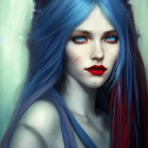 Prompt: A detailed matte oil on canvas head on symmetrical portrait of a distinguished elven woman with red and blue hair on an empty background, by Charlie bowater, Wlop, trending on artstationhd, dungeons and dragons art, parted hair , half blue, half red , split dye, critical role