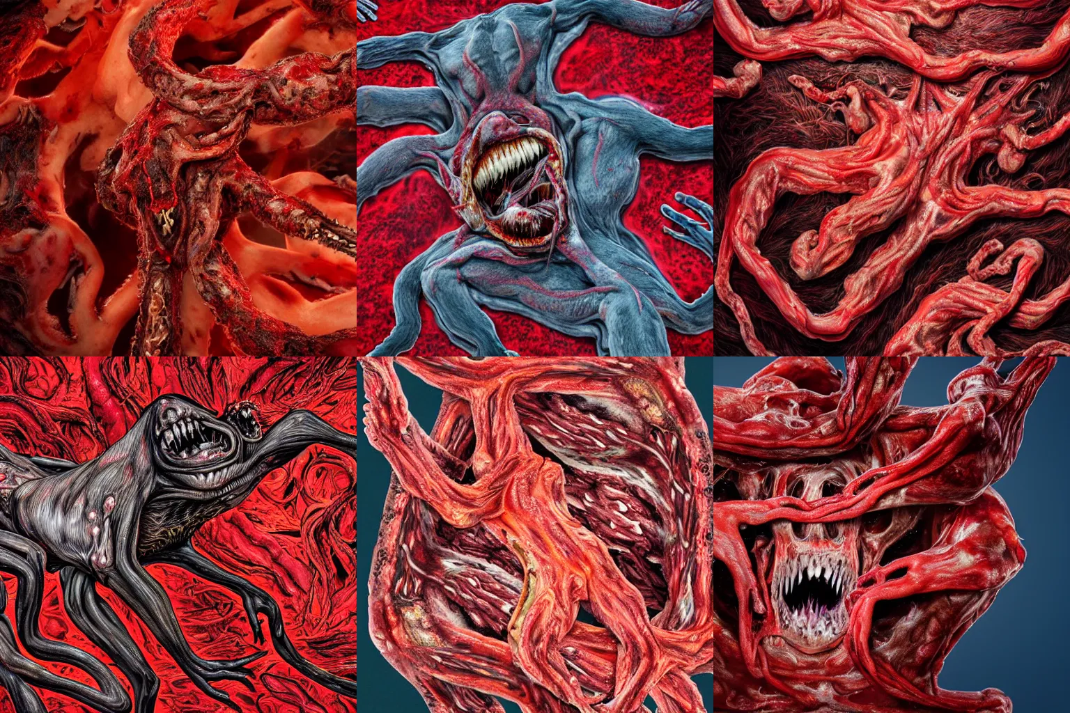 Prompt: an ultra-detailed high-quality photo of twisted animal and human limbs melting together, forming a blood-red livid amorphous mass of body horror, oozing blood, slimy, reflective, composed of random limbs, patches of fur, eyes, teeth, and intestines falling out and slithering away