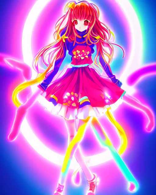 Image similar to anime style, vivid, expressive, full body, 4 k, painting, a cute magical girl idol with a long wavy colorful hair wearing a colorful dress, correct proportions, stunning, realistic light and shadow effects, neon lights, studio ghibly makoto shinkai yuji yamaguchi