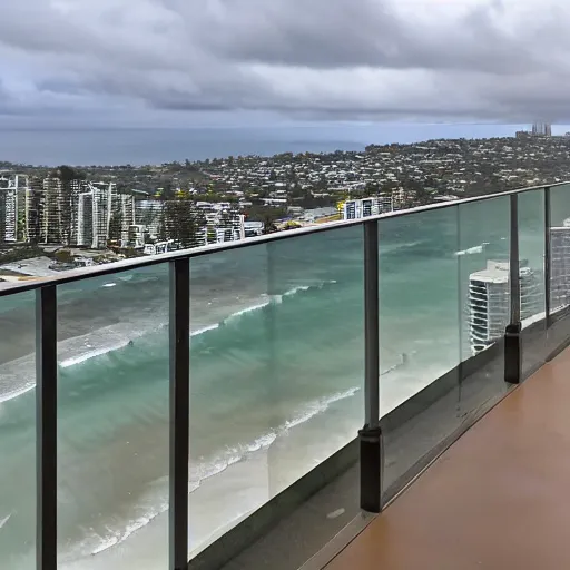 Image similar to a photograph from a high rise balcony overlooking the pacific ocean, gold coast australia, rainy grey afternoon