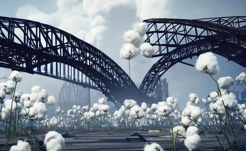 Image similar to explosions in the form of realistic white cotton plants on harbour bridge, huge white cotton everywhere on the destroyed harbour bridge, smooth, sharp focus, highly detailed, 3 d octane render, epic lighting, crazy atmosphere, lots of white cotton, 8 k, by goro fujita