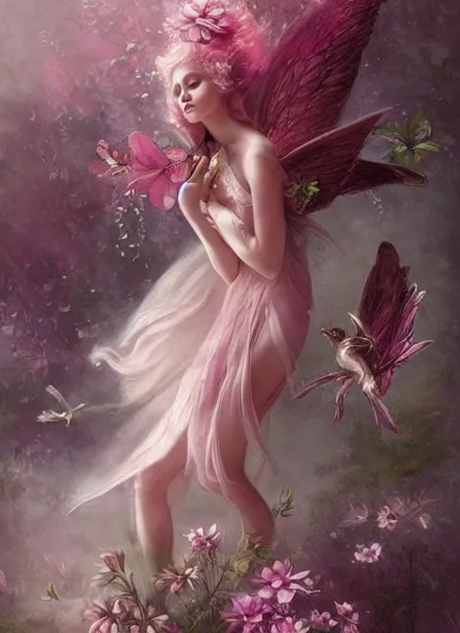 Image similar to a beautiful pink fairy with large wings and long flowing hair exploring her flower garden, style of tom bagshaw, extremely detailed, muted colors