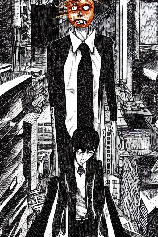 Image similar to junji ito illustration of an orange-headed businessman, creepy face, cyberpunk city