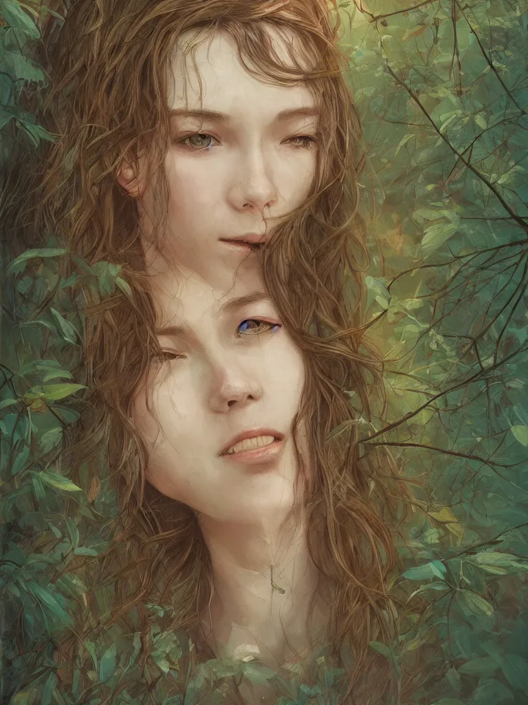 Prompt: artist james jean and sam spratt beautiful illustration of a natural women in a forest, high detail, artstation, natural colors, closed eyes, smile,