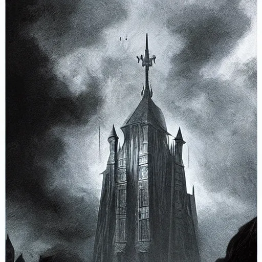 Image similar to an ultra detailed tarot card of a lonely and impossibly tall ominous gothic dark citadel tower of the evil patriarch, elevated high above the city, in a river elevated high above the city, fantasy capital city, ultrawide lense, aerial photography, scary thunderstorm, light fog, volumetric lighting, exquisite detail, 8 k, art by greg rutkowski and alphonse mucha