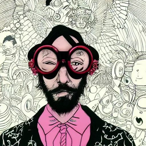 Prompt: a eccentric goth guy wearing goggles and eclectic jewelry, small details, aesthetic!!!, by harumi hironaka, by moebius, by geof darrow, by jamie hewlett,