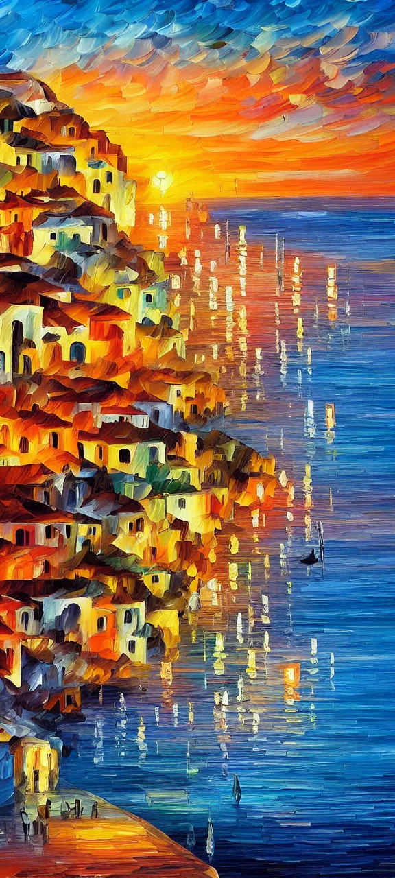 Image similar to beautiful seaside greek village at sunset in the style of leonid afremov