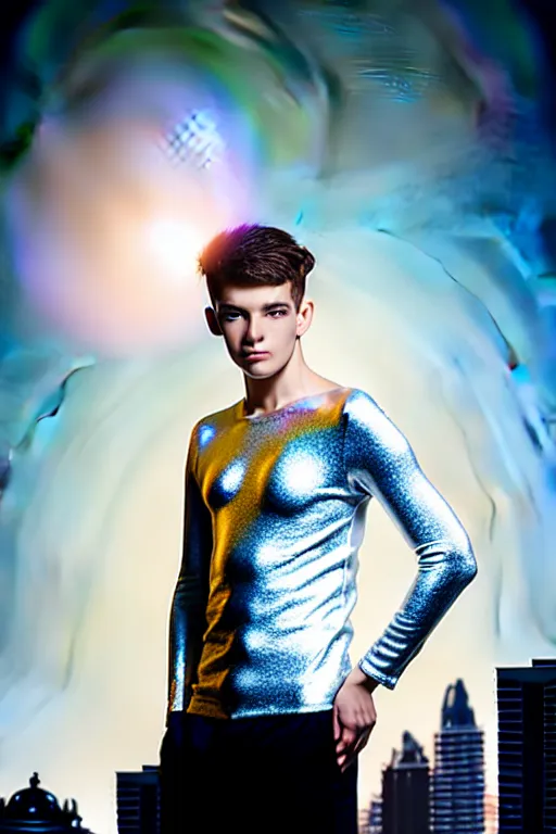 Image similar to un ultra high definition studio quality photographic art portrait of a young man standing on the rooftop of a british apartment building wearing soft padded silver pearlescent clothing. three point light. extremely detailed. golden ratio, ray tracing, volumetric light, shallow depth of field. set dressed.