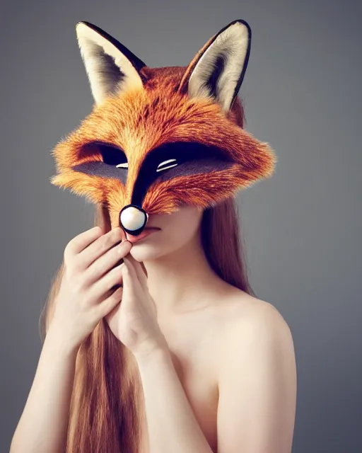 Prompt: a head and shoulders portrait of a beautiful woman wearing a fox half mask, a mask that just covers her eyes, long flowing hair, photorealism, by Nina Masic, by Flora Borsi, by Ilya Kuvshinov, 50mm f/1.4, bokeh, kodak ektar