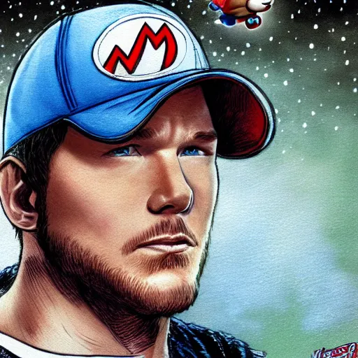 Image similar to hyper detailed illustration of Chris Pratt wearing a Super Mario hat, by Kev Walker, simon bisley and paolo parente