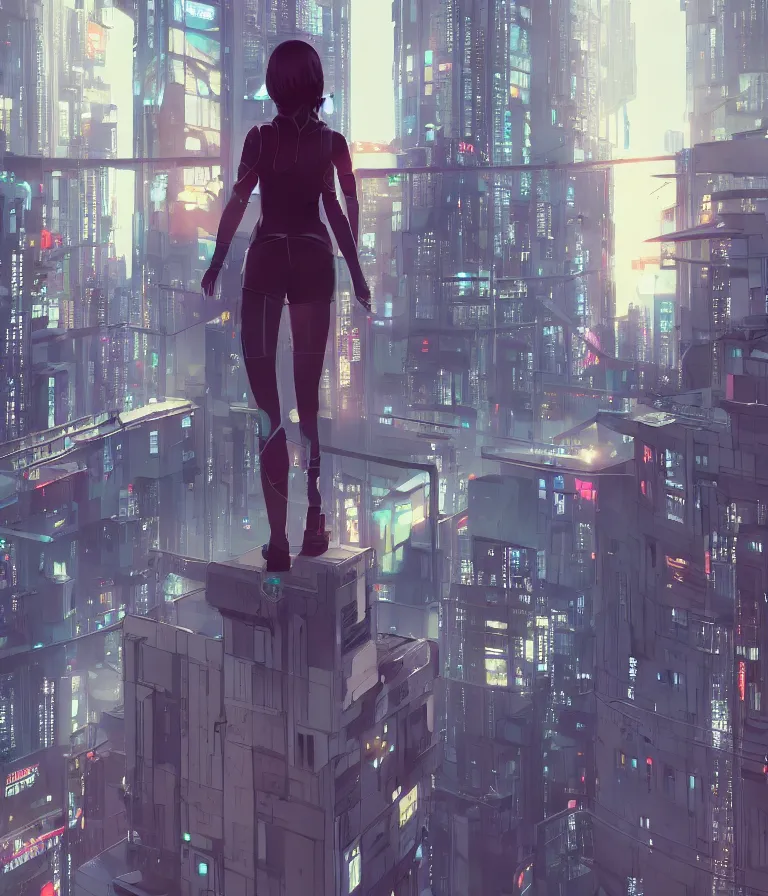 Image similar to a girl stands on top of a multi-storey building, anime style, 4k, cyberpunk city in the background, HD, artstation, very detailed, by Ilya Kuvshinov