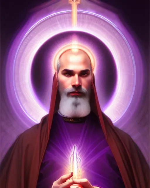 Image similar to portrait of saint germain, he holding the violet purple indigo flame, completely violet colored, intricate, elegant, highly detailed, digital painting, artstation, concept art, smooth, sharp focus, illustration, art by artgerm and greg rutkowski and fra angelico and alphons mucha