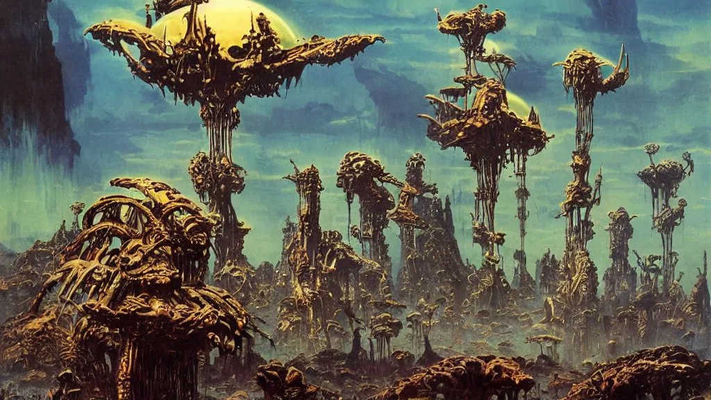 Image similar to surreal eerie alien planet empire with strange biomechanical plants by frank frazetta and bruce pennington, cinematic matte painting