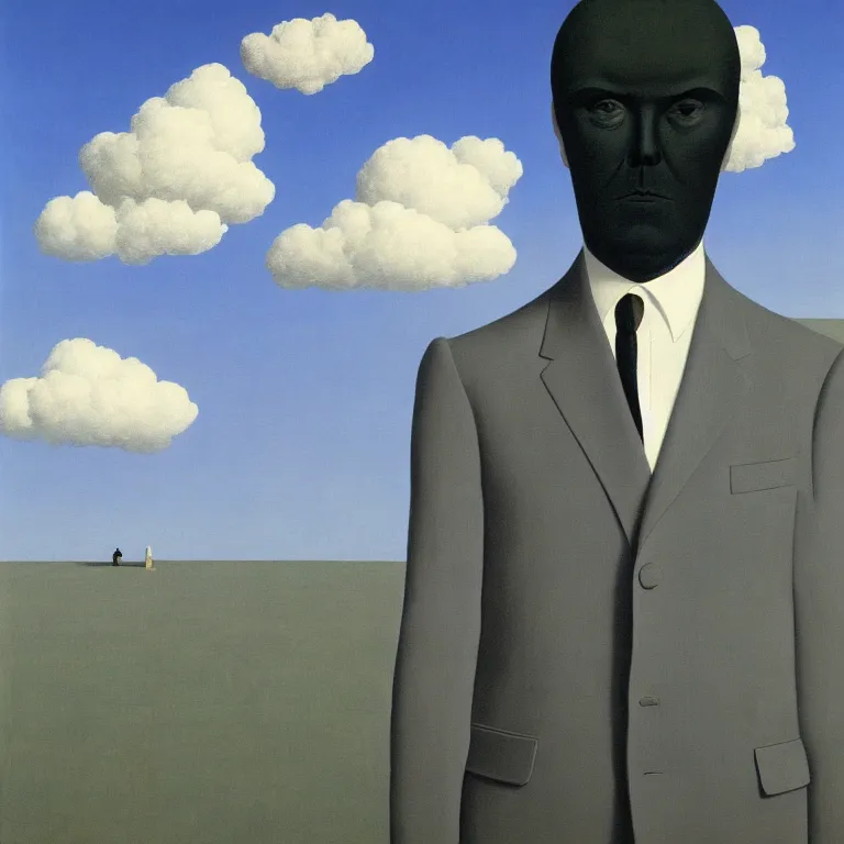 Image similar to portrait of a faceless shadow - head man in a suit, clouds in the background, by rene magritte, detailed painting, distance, centered, hd, hq, high resolution, high detail, 4 k, 8 k