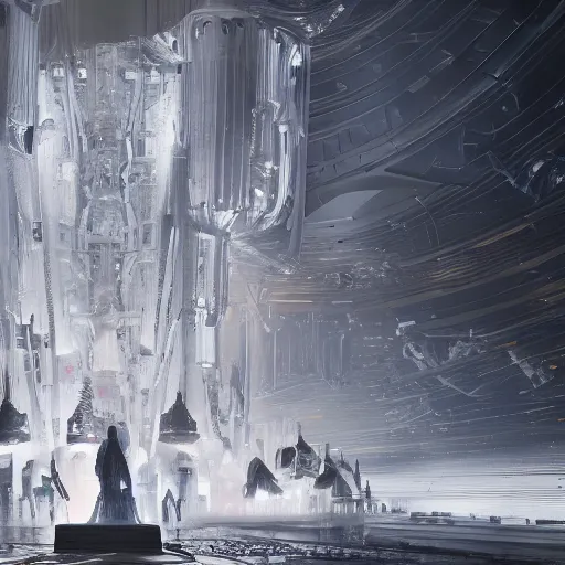 Image similar to sci-fi wall structure on the coronation of napoleon painting on the nanospace Michael Menzelincev artstation painting, unreal engine 5, keyshot, octane, artstation trending, ultra high detail, ultra realistic, cinematic, 8k, 16k, zaha hadid style architecture, blade runner 2049 color , in plastic, dark, tilt shift,