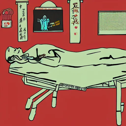 Image similar to chinese surgery operating table, in the style of daniel johnston and outsider art, 8k, line brush, overlaid with chinese adverts