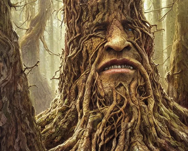 Prompt: a talking tree, a face in the bark, nose made of wood, mouth in the bark, eyes in the bark, fantasy concept art, digital oil painting, hyperrealistic, treebeard, ent, magical, highly detailed, artstation, cgsociety, in the forest, by alan lee, by artgerm