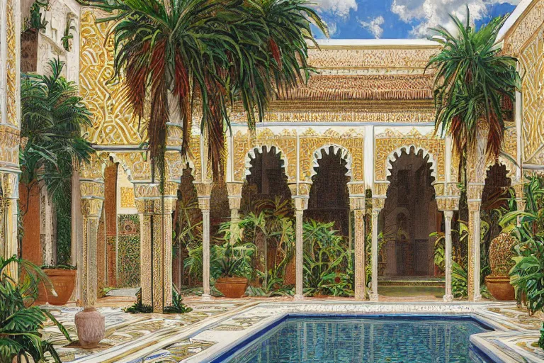 Image similar to painting of a beautiful moorish palace courtyard garden, by ludwig deutsch, patterned tilework, palm trees, tiled fountains, extremely detailed, dramatic lighting, smooth sharp focus