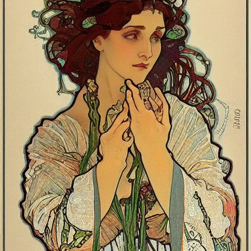 Prompt: a beautiful handmade embroidery of a woman by alphonse mucha. hand embroidery.