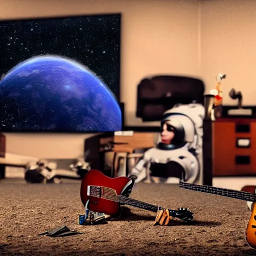 Image similar to a photo of a detailed, realistic, regular sized, sitting idle fender electric guitar next to a sitting idle beer can with an astronaut sitting down on the moon surface and an astronaut playing guitar in the background. detailed photo. realistic photo. cinematic. cinematic shot