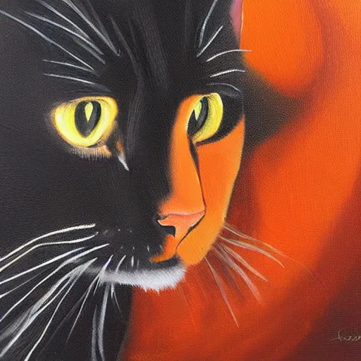 Image similar to oil painting of a black cat, orange background