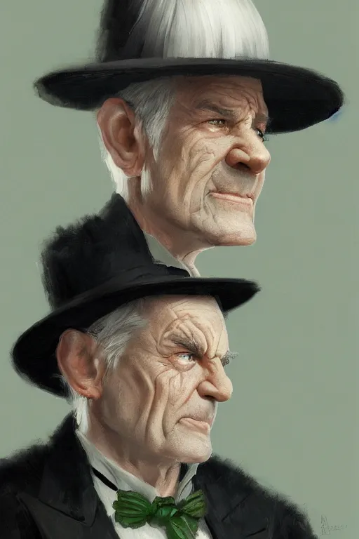 Image similar to a grey hair old halfling with no beard and green eyes wearing a black top hat and suit by Greg Rutkowski, painting, portrait, HD, high details, trending on artstation