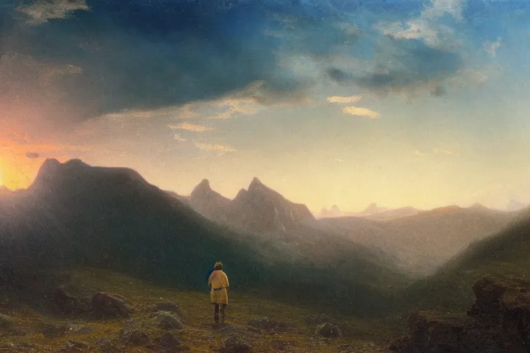 Image similar to a traveler wandering trough the mountains looking at the clouds, very detailed, focused, oil painting, cinematic lighting, albert bierstadt, trending on artstation, colorful, canvas, sunset, hans dahl, theodor kittelsen, hermann hendrich, national geographic, Konstantin Yakovlevich Kryzhitsky, beautiful nature, breathtaking