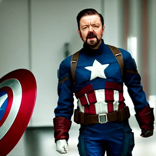 Image similar to a film still of ricky gervais as captain america