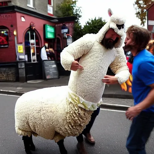 Image similar to photo of a man in a sheep costume in flames and jesus is helping him outside a british pub