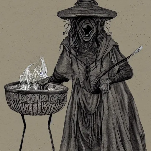 Prompt: An old wrinkled witch dressed in black stirring her cauldron. high detail, digital art, fantasy, RPG, concept art, illustration