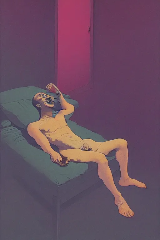 Image similar to man licks a tab of LSD acid on his tongue and experiences psychedelic hallucinations, by kawase hasui, moebius, Edward Hopper and James Gilleard, Zdzislaw Beksinski, Steven Outram colorful flat surreal design, hd, 8k, artstation