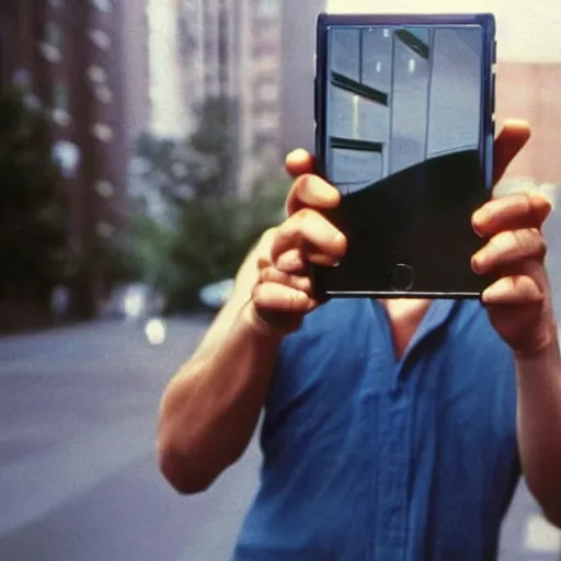 Image similar to a 1980's picture of a man holding an Iphone, Iphones in the 1980s, old photograph, advertisement for the Apple Iphone, 480p resolution