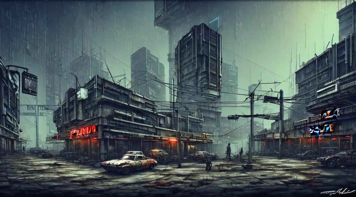 Image similar to post apocalyptic cyberpunk police station, building, avenue, urban architecture, americana architecture, concrete architecture, cloudy sky, paved roads, in the style of guido borelli, trending on artstation, photorealistic, wild vegetation, utopian, futuristic, blade runner, vivid colors scheme, neon signs, sharp, clear, focus