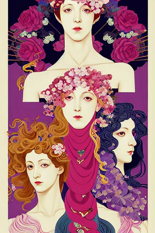 Prompt: 3 Deities symbolically representing March, April, and May, in a style blending Æon Flux, Peter Chung, Shepard Fairey, Botticelli, Ivan Bolivian, and John Singer Sargent, inspired by pre-raphaelite paintings, shoujo manga, and cool Japanese street fashion, dramatically blossoming flora and fauna, petals falling everywhere, pastel vivid triad colors, hyper detailed, super fine inking lines, ethereal and otherworldly, 4K extremely photorealistic, Arnold render