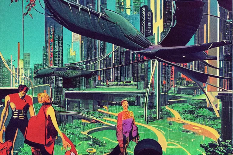 Prompt: 1 9 7 9 omni cover of a lush gated park in the middle of neo - tokyo. art in cyberpunk style by dali, and vincent di fate