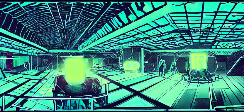 Image similar to handmade illustration of futuristic boxing ring, line art, octane render with volumetric lighting, watercolor by Kilian Eng and escher, olympic weight room in bladerunner neon radioactive swamp