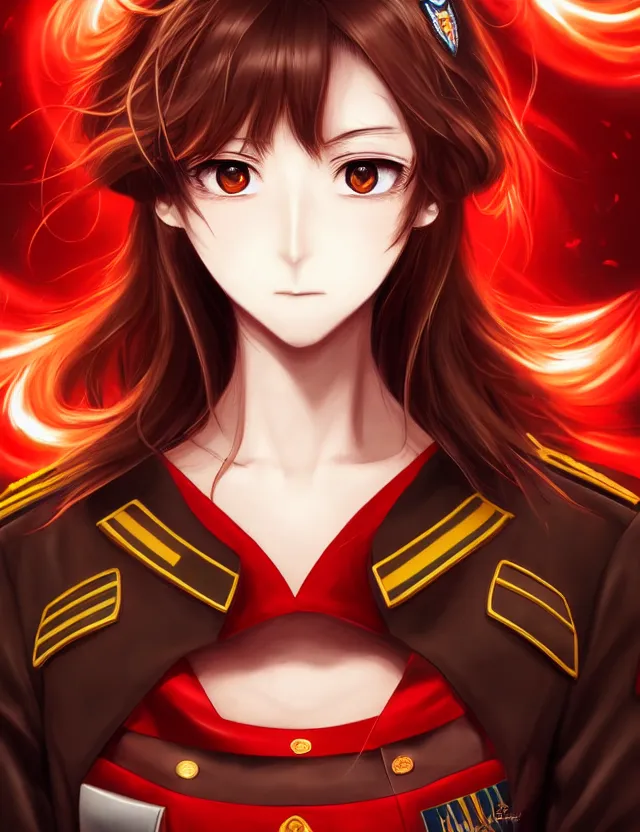 Image similar to a detailed manga portrait of a beautiful brown haired woman in a military uniform glowing with swirling red energy, trending on artstation, digital art, 4 k resolution, detailed, high quality, sharp focus, hq artwork, coherent, insane detail, character portrait