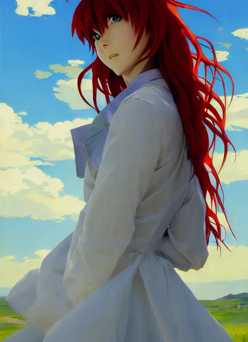 Prompt: portrait of Asuka Soryu Langley from Neon Genesis Evangelion with long wavy red hair in a white dress, countryside, calm, fantasy character portrait, dynamic pose, above view, sunny day, thunder clouds in the sky, artwork by Jeremy Lipkin and Giuseppe Dangelico Pino and Michael Garmash and Rob Rey, very coherent asymmetrical artwork, sharp edges, perfect face, simple form, 100mm