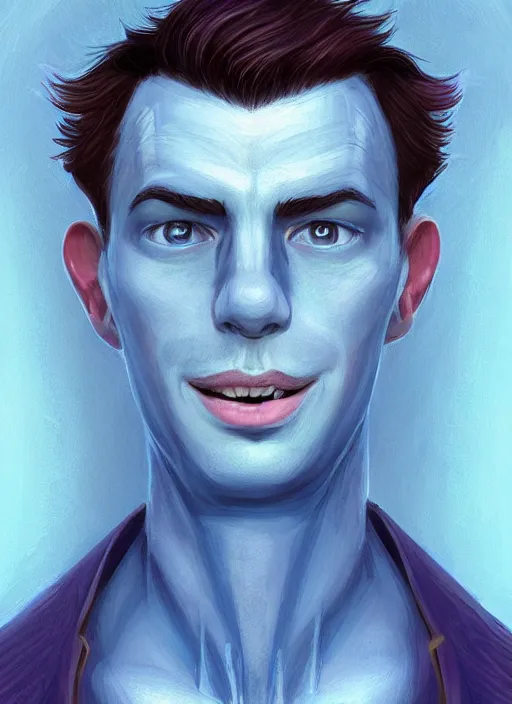 Prompt: head-on symmetrical centered painted portrait, a smiling bald and clean shaven androgynous man with completely blue skin in his twenties as a D&D wizard, fantasy, intricate, elegant, highly detailed, digital painting, smooth, sharp focus, illustration, artstation, in the style of Artgerm and Anna Podedworna and Charlie Bowater and Michael Garmash