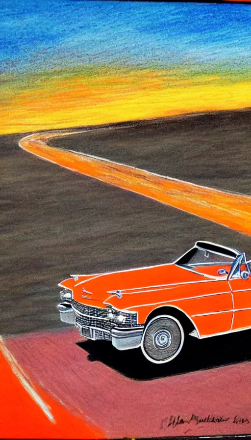 Prompt: 1 9 6 3 cadillac convertible driving down empty highway into a bright orange sunrise, oil pastel, high detail, realistic, vintage, sepia, far shot