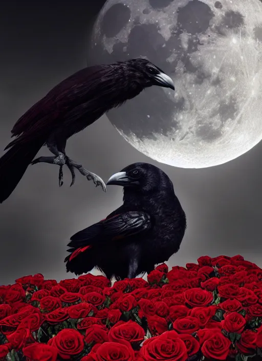 Prompt: Big glowing moon is very important, red and golden color details, portrait, A crow with red eyes in front of the full big moon, book cover, red roses, red white black colors, establishing shot, extremly high detail, foto realistic, cinematic lighting, by Yoshitaka Amano, Ruan Jia, Kentaro Miura, Artgerm, post processed, concept art, artstation, raphael lacoste, alex ross, portrait, A crow with red eyes in front of the full big moon, book cover, red roses, red white black colors, establishing shot, extremly high detail, photo-realistic, cinematic lighting, by Yoshitaka Amano, Ruan Jia, Kentaro Miura, Artgerm, post processed, concept art, artstation, raphael lacoste, alex ross