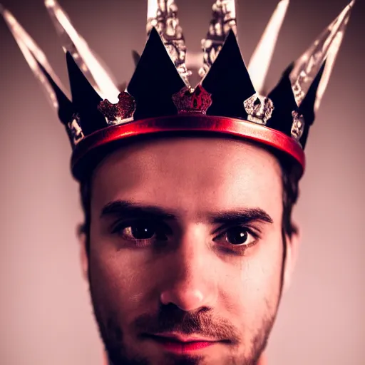 Image similar to man with a crown, smirk, photograph, black backgrounds, glowing red eyes, sharp, handsome